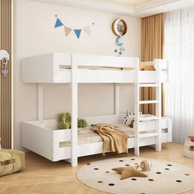 Image de Lit superposé pour enfants, dimensions 90x200 cm, avec escalier et barrière de sécurité renforcée, lit double gain de place pour enfants, couleur blanche