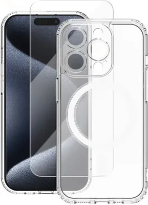 A clear phone case and screen protector for an iPhone 15.