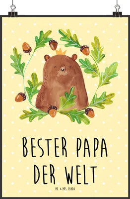 Produktbild von Mr. & Mrs. Panda Bild Bär König DIN A2 - Gelb Pastell - Geschenk, Vater, Wandbild, Papa, Teddy, Wanddekoration, Daddy, Plakat, wanddeko, Papi, drucke, Vatertag