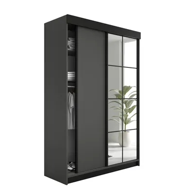 A modern graphite wardrobe with mirrored sliding doors and an open section showing clothes and shelves.