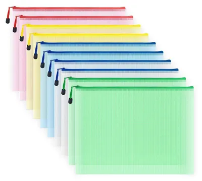 Image de Pochettes de documents format B4, lot de 10, en plastique, avec fermeture éclair, translucides, 5 couleurs, dimensions : 38 x 27,9 cm