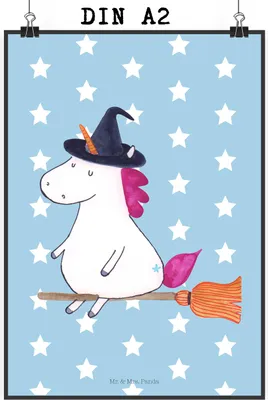 Produktbild von Mr. & Mrs. Panda Bild Einhorn Hexe DIN A2 - Blau Pastell - Geschenk, Engel, drucke, Wanddekoration, Kunstdruck, kunstposter, Teufel, Frau, Unicorn, Ehefrau, poster
