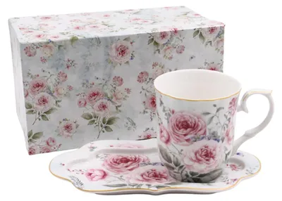 Zdjęcie produktu dla HOME ELEMENTS Kubek porcelanowy 360 ml ze spodkiem, różowy