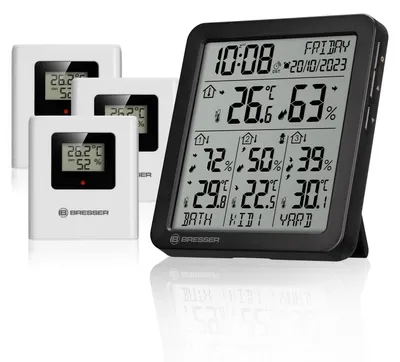 Produktbild von Bresser Funk Thermo-Hygrometer mit 3 Außensensoren, Raumklima Überwachung für innen und außen, Temperatur Luftfeuchtigkeit, Wecker, 4 Messpunkte