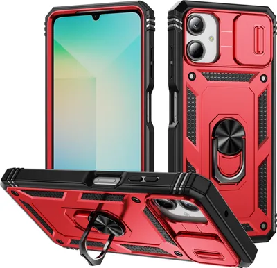 Produktbild von Galaxy A06 Hülle, Schiebe Kamera Schutz Stoßfest Schutzhülle mit Ringhalterung Ständer für Samsung Galaxy A06 Rot