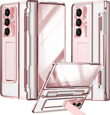 Immagine prodotto di Custodia per Samsung Galaxy Z Fold 7, protezione del display e delle lenti, custodia trasparente galvanizzata con supporto oro rosa