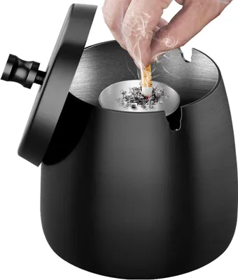 Produktbild von Aschenbecher fš¹r Draussen (10 * 9 * 10cm) - Aschenbecher mit Deckel, Gro? Aschenbecher Outdoor, Windaschenbecher Edelstahl, Sturmaschenbecher mit Boden, Standaschenbecher fš¹r Drau?en - Schwarz