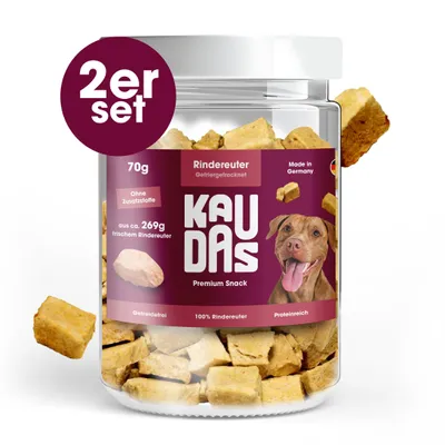 Produktbild von KAUDAS Hundesnack RindereuterPur - 2× 70g gefriergetrocknetes Rind - 350g Rohgewicht
