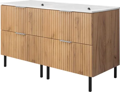 Produktbild von Waschtischunterschrank, Mattweiß, Eiche Craft mit silberner Griff, B 120 cm