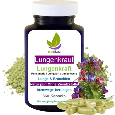Produktbild von Lungenkraut 360 Kapseln LUNGENPOWER Lungenkraft Pulmonaria Lungenwurz Lungwort Atem Komplex - Lungenreinigung - Lunge & Atemwege - OHNE Zusatzstoffe.