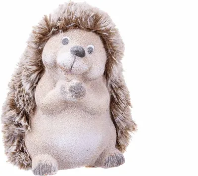 A ceramic hedgehog figurine with faux fur.