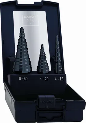 Produktbild von EXACT 50071-2 HSS Stufenbohrer-Set 3teilig 4 - 12 mm, 4 - 20 mm, 6 - 30 mm TiAIN 3-Flächenschaf