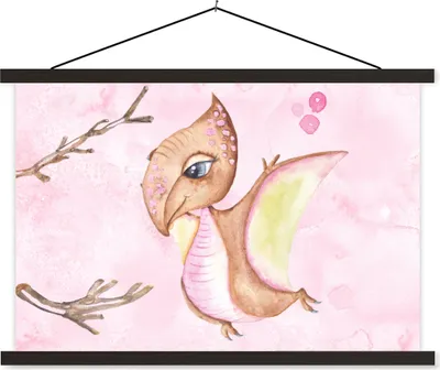 Produktbild von MuchoWow® Textilposter Dinosaurier - Kinderzimmer - Zweige - Mädchen - Kinder - Rosa 120x80 cm mit schwarzem Rahmen - Wanddeko