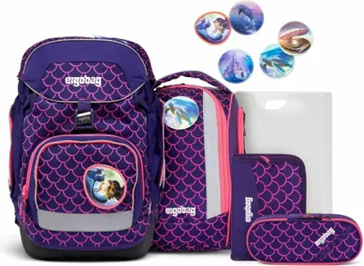 A collection of school supplies including a backpack, pencil case, and other accessories, all featuring a mermaid scale pattern.