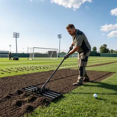 Produktbild von YZNAHRE Rasen Rakel Metall Rasen Nivellierrechen mit Verstellbar Stiel 25x75cm Flächenebner Rasenschieber Leveling Rake Rasenwerkzeug für Golf Gartengras Surface, Schwarz