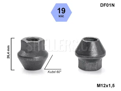 Obrázok produktu pre Matica kolesa M12x1,5 Ford s kužeľom pevná, kľúč 19, DF01N otvorená, výška 26,4 mm