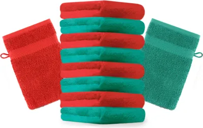 Produktbild von Betz 10 Stück Waschhandschuhe 16x21 cm PREMIUM 100% Baumwolle  Farbe: smaragdgrün und rot