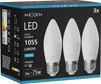 Produktbild von Mexen Nova 3x LED Glühbirne E27, C37, 10W, Kalt - 6500K, 1055 lm - L102-E27-1065-01x03