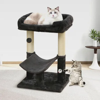 Produktbild von Kratzbaum für Katzen, Katzenturm mit Natursisal-Kratzstamm, Plüschige Liegefläche und Plattform, Schwarz