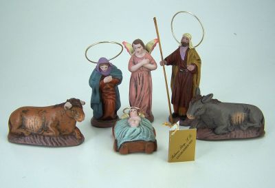Puig Krippenfiguren aus Spanien Hl. Familie 6tlg. 8 cm. Aus Ton, kaschiert