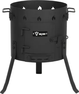 A black metal Kazan oven with legs, shown from the front.