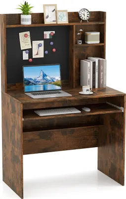 Zdjęcie produktu dla COSTWAY 89x50x138 cm biurko z magnetyczną tablicą korkową, małe biurko komputerowe z blatem, półką na klawiaturę i regulowaną półką, stolik pod komputer, brązowy