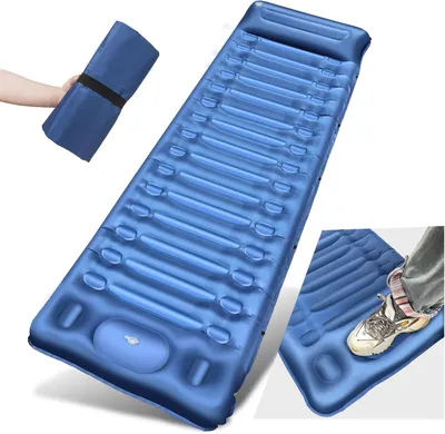 Obrázok produktu pre Samonafukovacia karimatka 14 cm, s nožnou pumpou a vankúšom, modrá, na turistiku