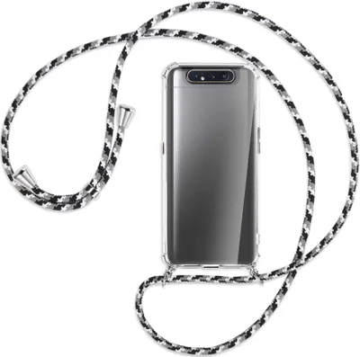 Produktbild von Handykette Backcover-Schutzhülle mit Band (Metall silberfarben) für Samsung Galaxy A80 - schwarz/grau/weiß