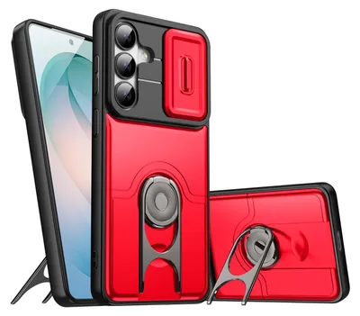 Obrázek produktu pro Pouzdro pro Samsung Galaxy S24 FE, Posuvným krytem fotoaparátu a kroužkovým stojánkem, nárazuvzdorné ochranné pouzdro Červená