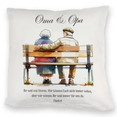Produktbild von Oma und Opa auf Bank Kuschelkissen