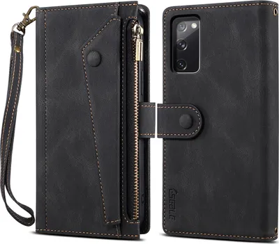 A black leather wallet-style phone case with a zipper and card slots is shown open, with the phone inserted on the right side.