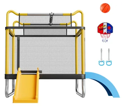 Zdjęcie produktu dla Mini trampolina dla dzieci firmy SucceBuy, wyposażona w 2 zjeżdżalnie i siatkę bezpieczeństwa, wytrzymałość do 60 kg, trampolina ogrodowa do użytku zewnętrznego z koszem do koszykówki, piłką i obręczami gimnastycznymi – idealny prezent na Boże Narodzenie lub urodziny