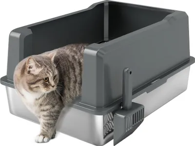 Image de PawHut Bac à litière pour chat XXL en acier inoxydable, 85L grande capacité, maison de toilette pour chat semi-fermée, avec pelle et patins antidérapants, facile à nettoyer, 71 x 50,8 x 35,5 cm, gris