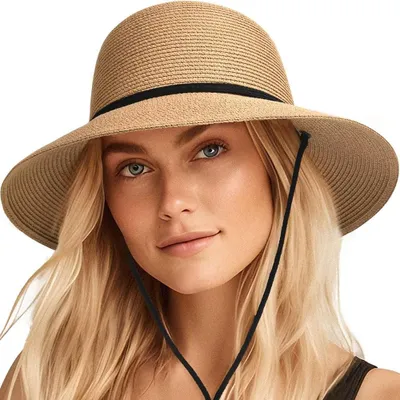 Produktbild von Panama-Strohhut für Damen, verstellbarer Fedora-Sonnenhut aus Stroh, Uni-Panamahut mit geflochtenem Band, UPF 50+ Strand-Sommerhut mit breiter Krempe