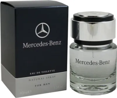 A product shot of Mercedes Benz For Men Eau de Toilette spray bottle and its packaging.