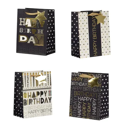 Produktbild von 12 Stück Geschenktaschen Happy Birthday Gold 18 x 23 x 10 cm
