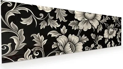 Produktbild von Glasbild 120x40cm in XXL für Wohnzimmer, Schlafzimmer Motiv Blumenmuster Schwarz