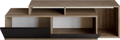 Produktbild von Skye Decor, Moderner TV-Ständer aus 100% melaminbeschichtetem Spanplatten, 149,8 x 42,9 x 35,3 cm | 18 mm dick | Wandmontierbar, zahlreiche Regale, Walnuss und Schwarz.