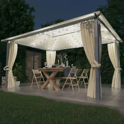 Zdjęcie produktu dla Pawilon z zasłonami i lampkami LED 400x300 cm kremowy aluminium