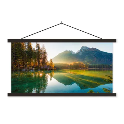 Produktbild von MuchoWow® Textilposter See - Wald - Berge - Natur - Sonne - Landschaft 150x75 cm mit schwarzem Rahmen - Posterleiste