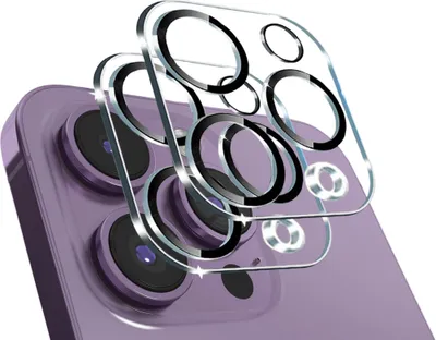 A close-up view of a purple smartphone's camera lenses with a clear protective film overlay, highlighting the black rings around the lenses.