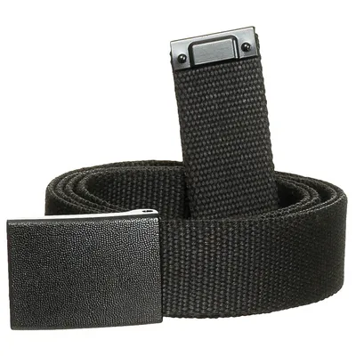 A black fabric belt with a metal buckle, laid out against a white background.