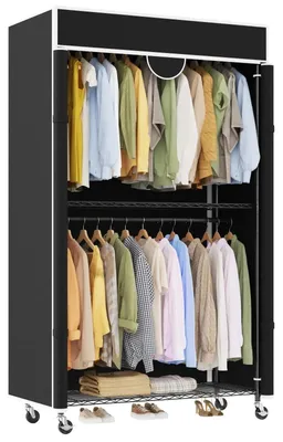 Produktbild von Kleiderständer - Kleiderschrank mit Abdeckung auf Rollen - Tragkraft 220 kg - Edelstahl - Staubdicht - Werkzeuglose Montage - Schwarz