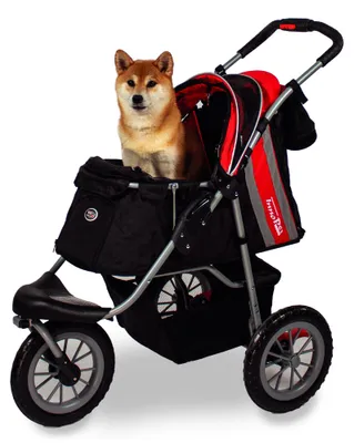 Produktbild von Hundewagen/Katzenwagen - Innopet Comfort EFA Eco schwarz/rot – faltbarer Hundebuggy für Waldwege & Strand, geländegängig, pannensichere 30cm Räder – 2 Leinen innen - Haustierwagen