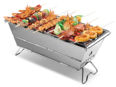 Zdjęcie produktu dla Przenośny grill kempingowy – wystarczy rozłożyć, nie wymaga użycia narzędzi; składana kuchenka turystyczna na węgiel drzewny ze stali nierdzewnej z klamrą do przechowywania i zagłębioną miską na węgiel