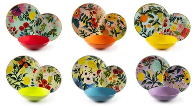 A collection of colorful floral patterned plates and bowls arranged in a grid.