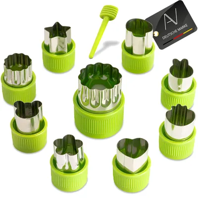 Produktbild von 9-teiliges Ausstechformen-Set aus Edelstahl, Gemüse- und Obstformen, Tierformen, Gemüseform, Keksform, Gemüseform mit Schutzgriff für Kinder (grün)