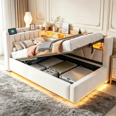 Productafbeelding van Polsterbankbed 90 x 200 cm met opbergruimte, hydraulisch hefsysteem, LED-verlichting en USB-oplaadpoort, kinderbed/tienerbed/dagbed met rugleuning, fluwele bekleding, beige