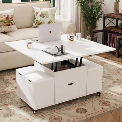 Produktbild von VOWNER Höhenverstellbarer 3-in-1-Couchtisch mit Schublade & 4 Hockern, umwandelbar in Esstisch (Weiß)