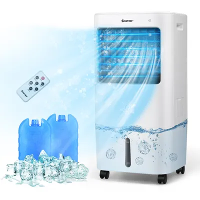 A white air cooler is shown with cool air blowing out, surrounded by ice cubes and ice packs. A remote control is also visible.